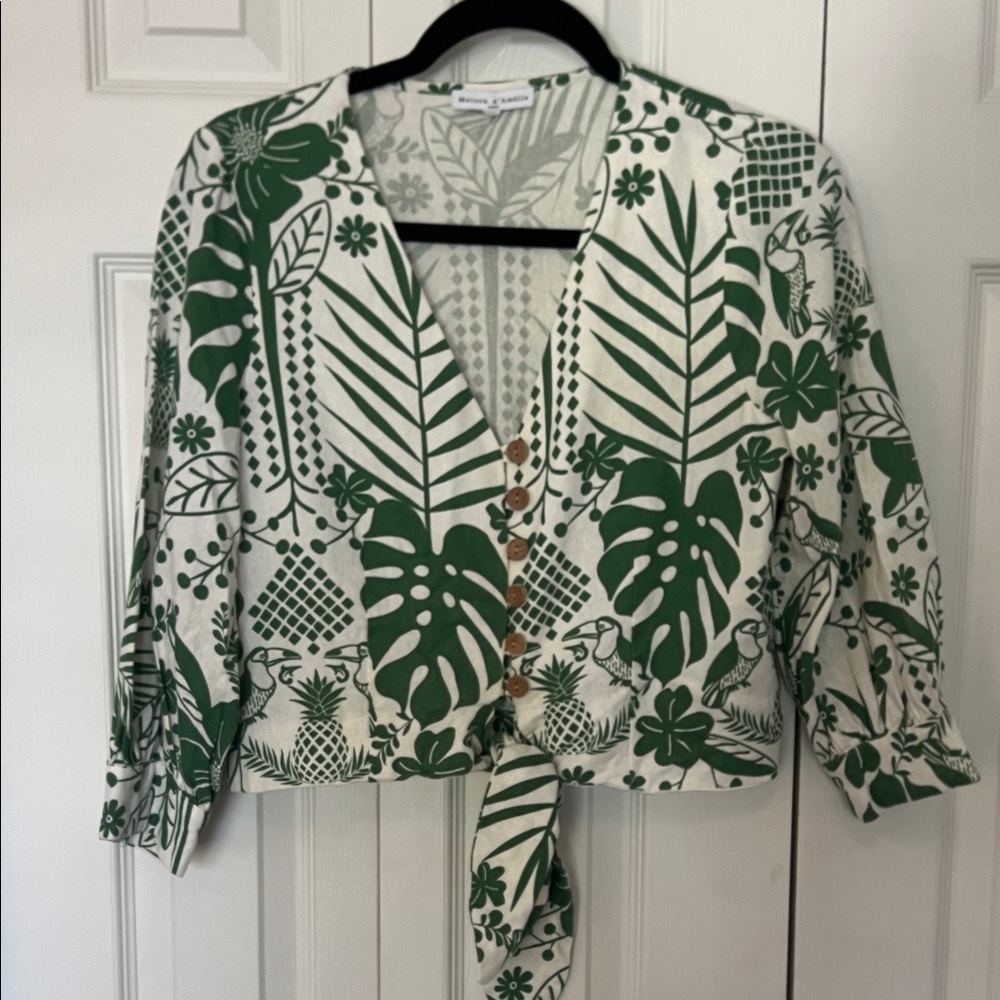 Maison d’Amelie Cropped Tropical Green Leaf Linen-blend Tie-Front Blouse - med